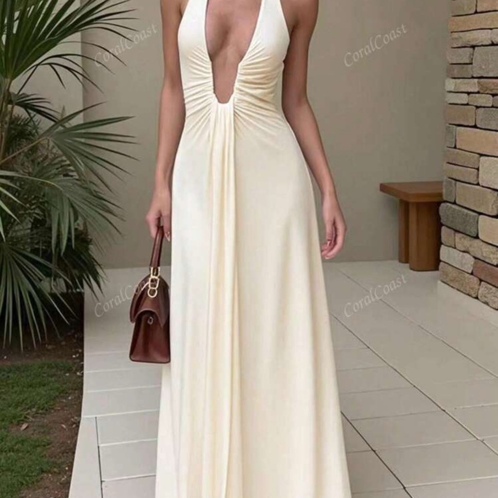 Elegant Cream Halter Maxi Dress